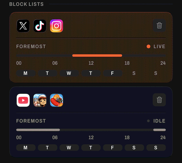 Two block lists in Foremost: one armed and running Monday to Friday, one idle.