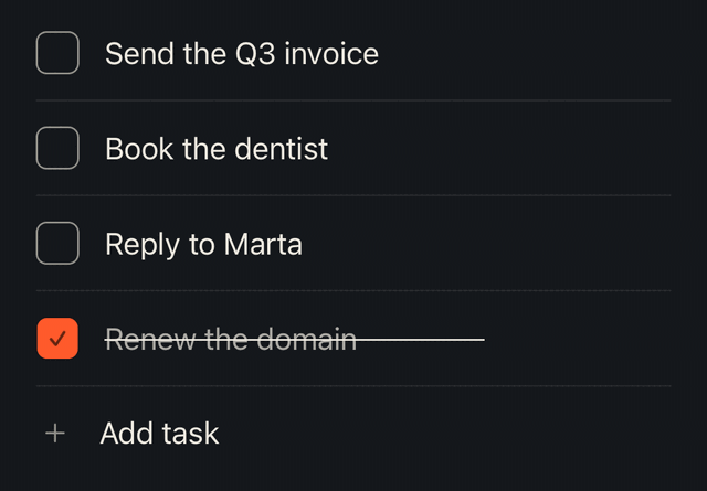The Foremost task list with one task struck through as it is closed.