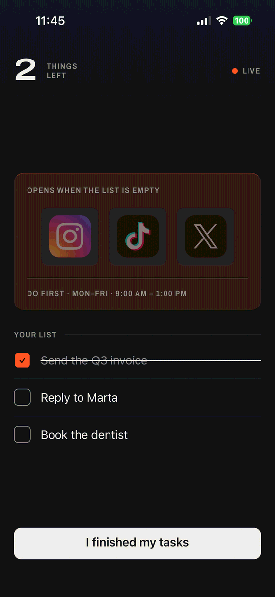 The Foremost block screen: two things left, with Instagram, TikTok and X held shut until the list is empty.